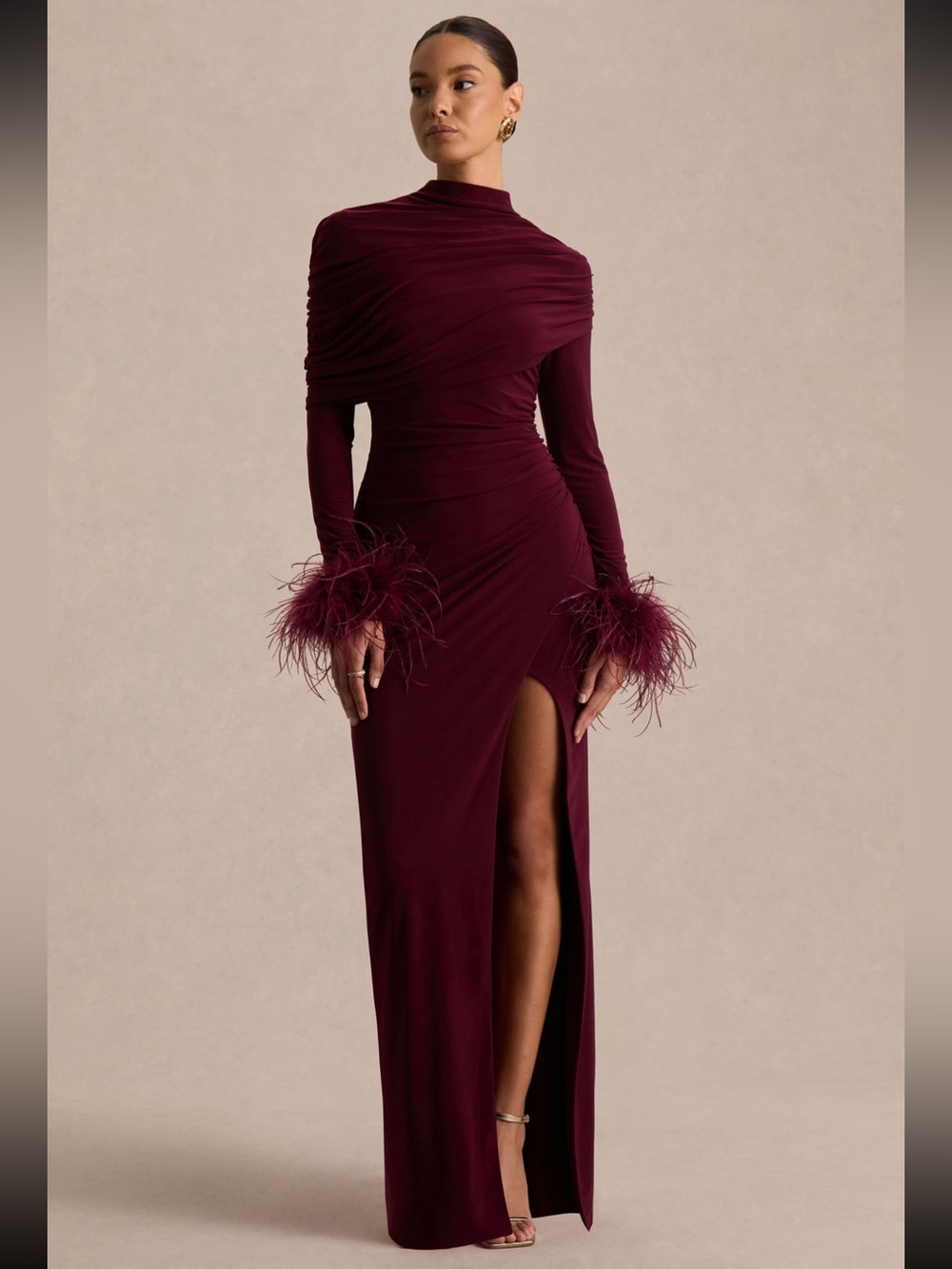Club L London Burgundy Feather-Cuff High-Neck Maxi Dress